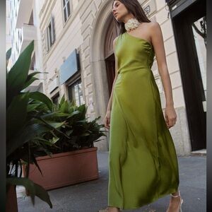 NWT Zara Satin Effect Asymmetric Dress in Olive Green